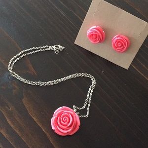 Pink Rose Necklace And Earrings